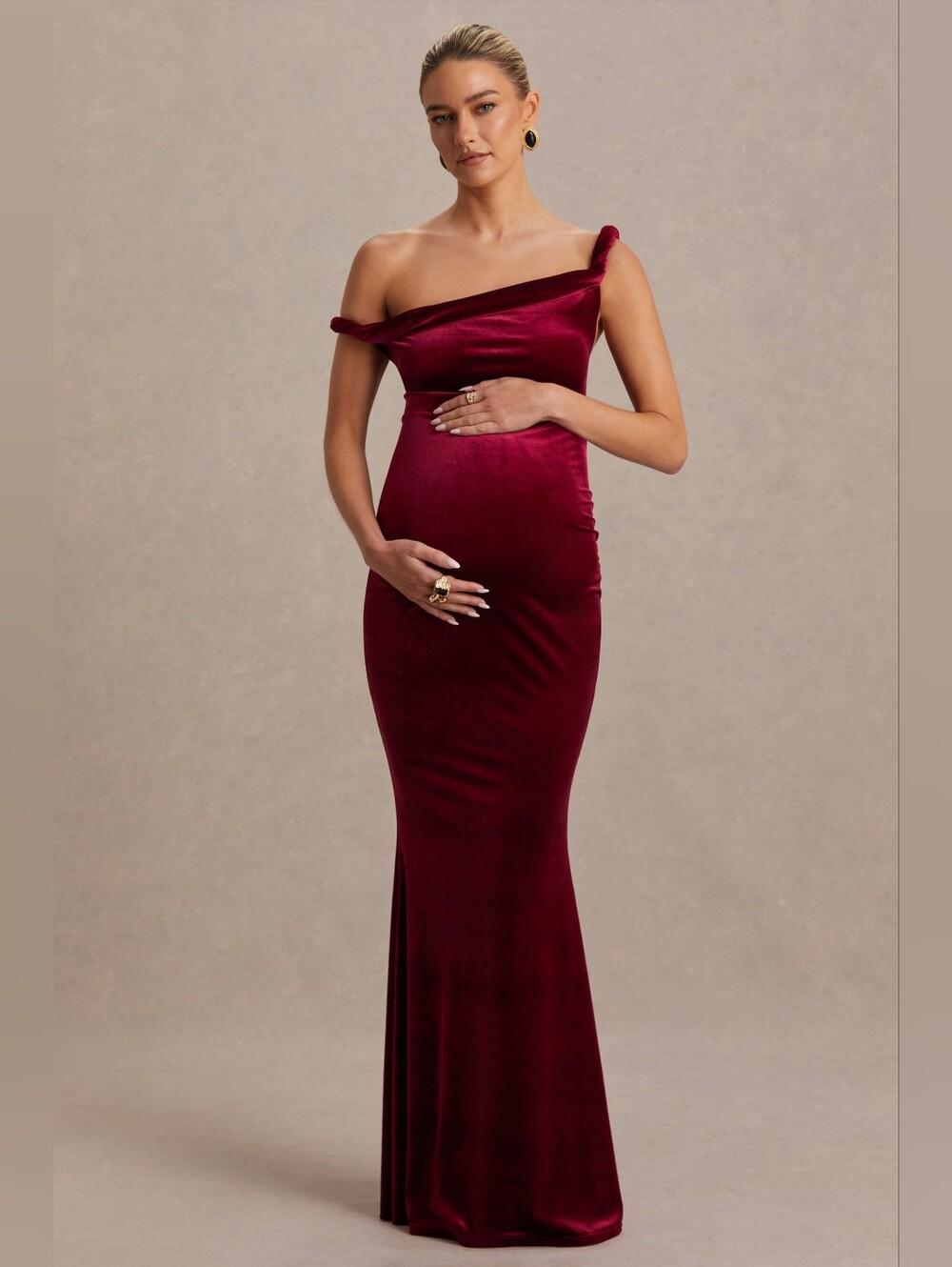 NWT Club L Tallulah Burgundy Velvet Asymmetric-Neck Maternity Maxi  UK 8 (US 4)